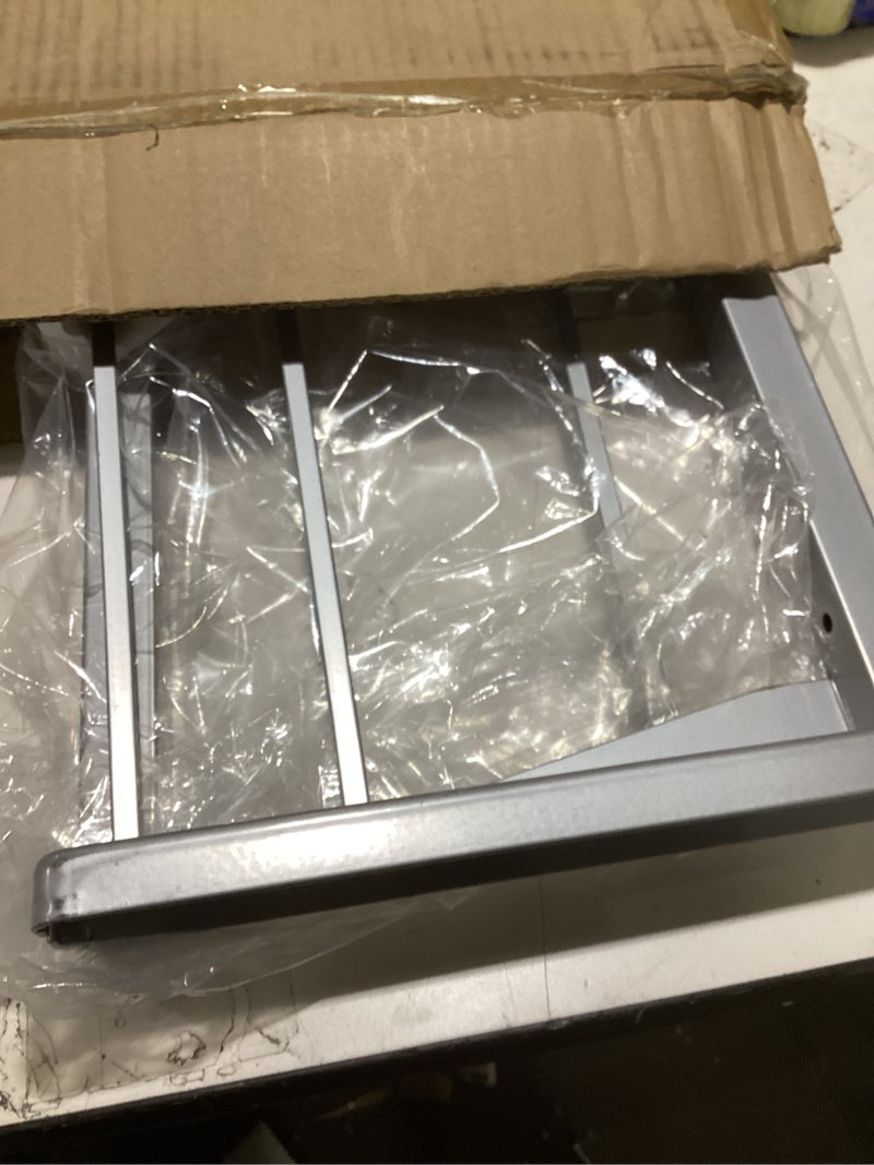Condition photo showing As Is for dual pull out trash can under cabinet, heavy duty slide out garbage can kit for kitchen, sink, drawer -trash bin not included, requires minimum cabinets opening 17" w x 24" d silver 17w×24d×17h