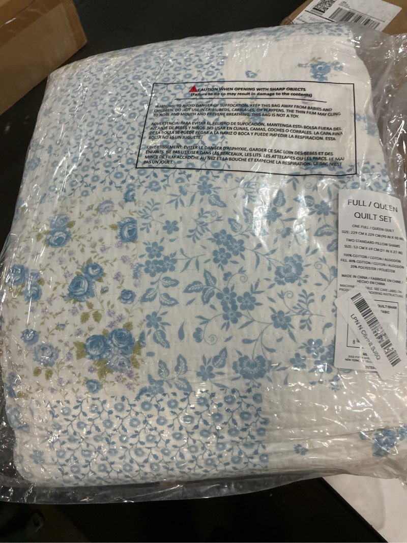 Condition photo showing New/Like New for laura ashley - queen quilt set, cotton reversible bedding with matching shams, bedroom decor ideal for all seasons (kenna blue, queen)