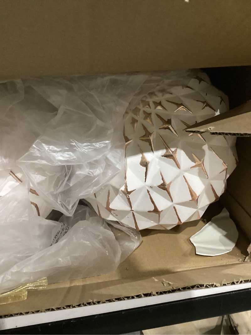 Condition photo showing As Is for Lanpn 6 Pcs 8" Large Christmas Balls Ornaments, Outdoor Xmas Tree Hanging Decorations, Shatterproof Christmas Ball Ornament Set for Home Winter Holiday, Assorted Relief Pattern, White & Rose Gold White & Rose Gold 8"/ 6 pcs