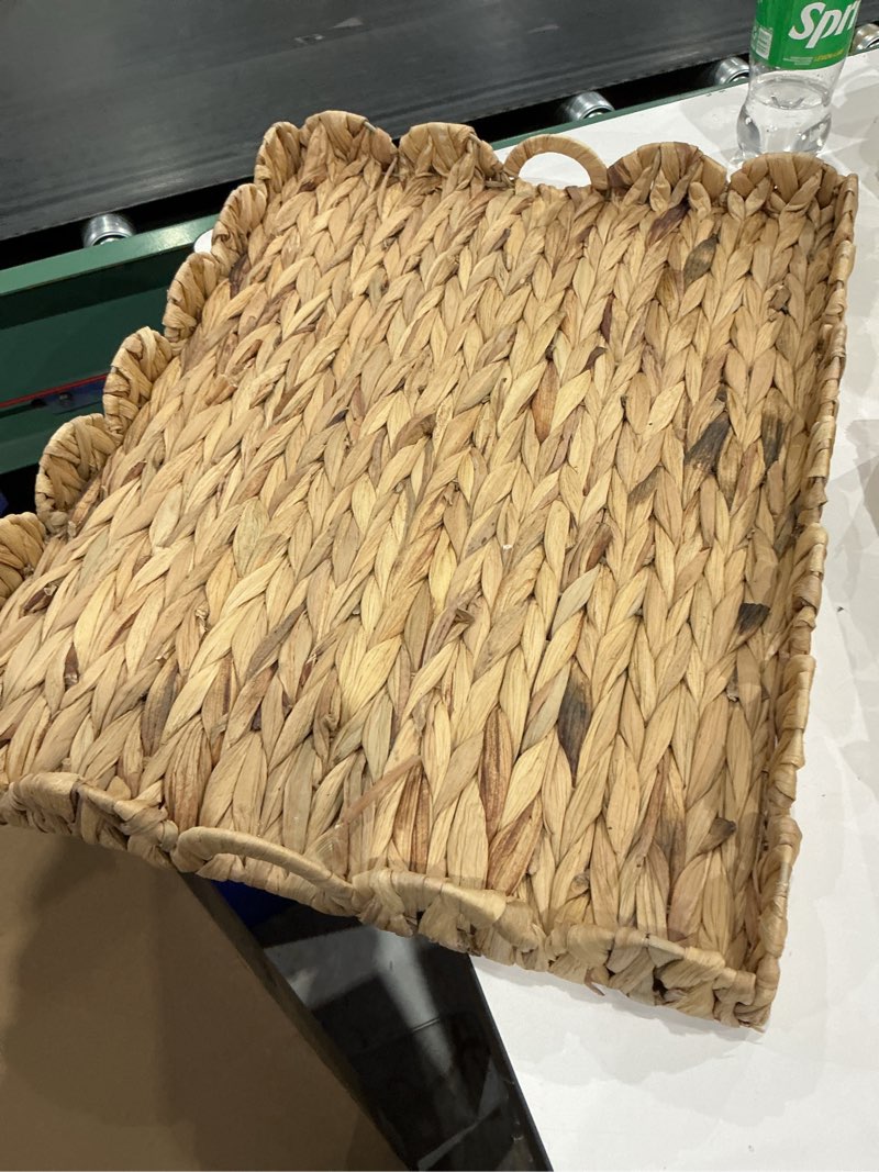 Condition photo showing Good Condition for storageworks rectangle wicker scalloped tray, rattan serving trays with handles, water hyacinth basket for decorative & organizing, 19.75" l x 11.75" w x 2.75" h