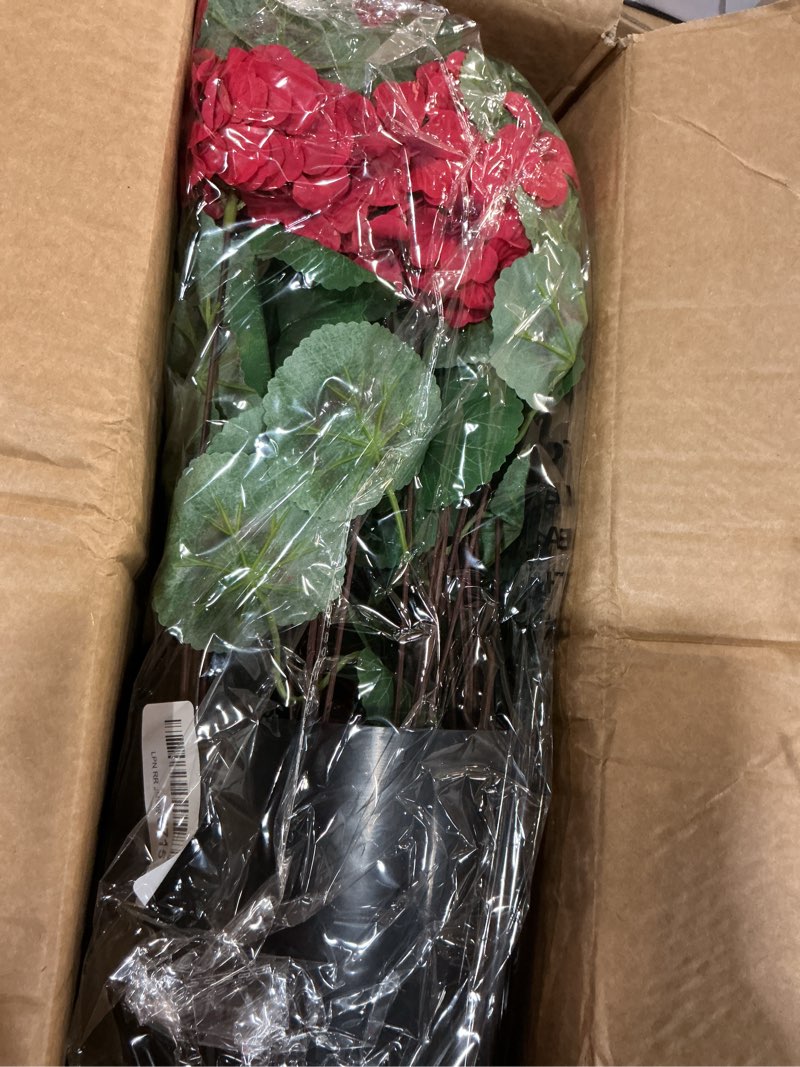 Condition photo showing Good Condition for juxdp 18" artificial geraniums topiary - 2 set for front porch decor,faux silk flowers bushes uv resistant potted plants for outdoor indoor door offices garden farmhouse home decor (red)