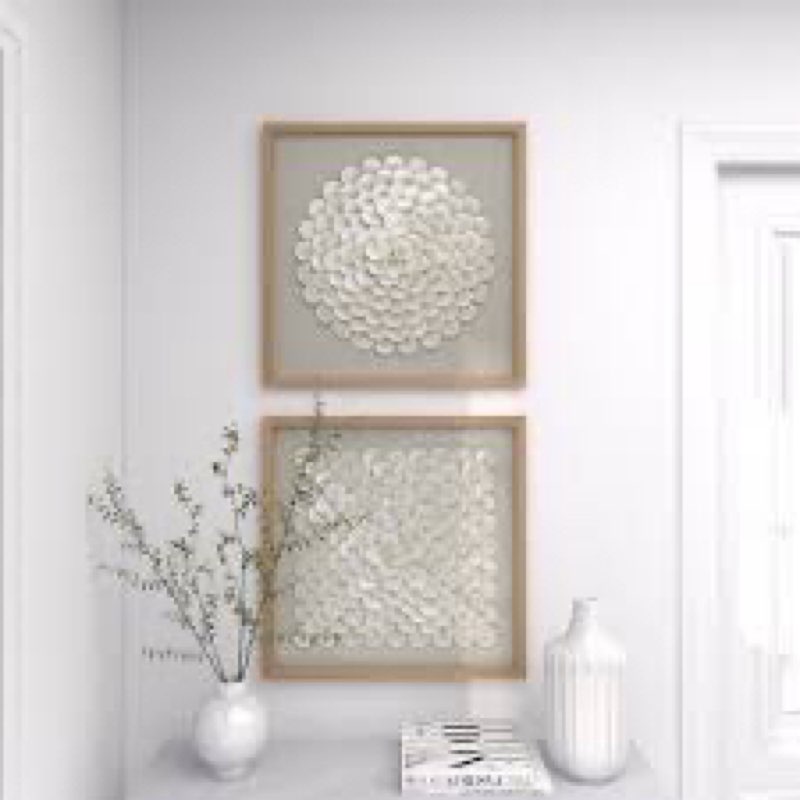 2 piece cream shell handmade overlapping shells geometric shadow box with canvas backing set