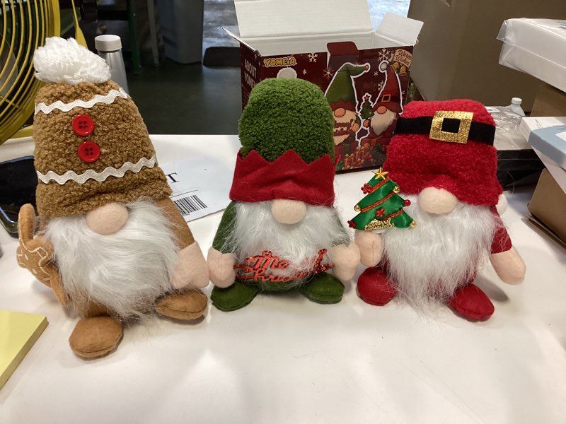 Condition photo showing New/Like New for Christmas Gnomes Set of 3, Scandinavian Tomte Plush Tabletop Decorations — Brown, Green & Red — Weighted Bottom, Bendable Hat (Green), Holiday Shelf Sitters for Mantel, Tiered Tray, Entry Table 3pc