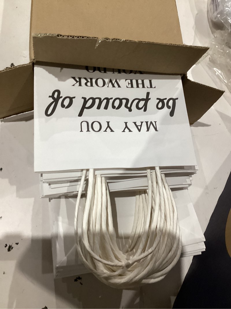 Condition photo showing As Is for bhhqhh 30 pcs employee appreciation gift bags thank you gift bags small goody treat bag with handle for cna week coworkers teachers staff volunteer(8.3 * 5.9 * 3.15 inch) white