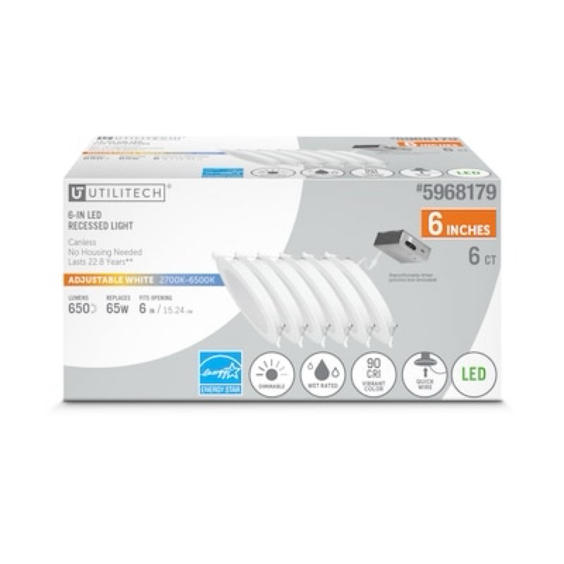 Condition photo showing Good Condition for  Utilitech White 6-in 650 -Lumens Switchable white Round Dimmable LED Canless Wet rated Recessed Downlight 6 -Pack Item #5968179 | Model #LLEDR6XTP/5CCT/6