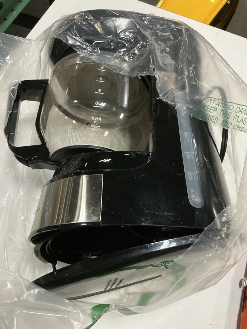 Condition photo showing As Is for ovente 12-cup drip coffee maker with borosilicate glass carafe, one-touch operation machine, anti-drip system, reusable filter and clear view water level gauge, ideal for home or office, black cm412b black 1.8 l