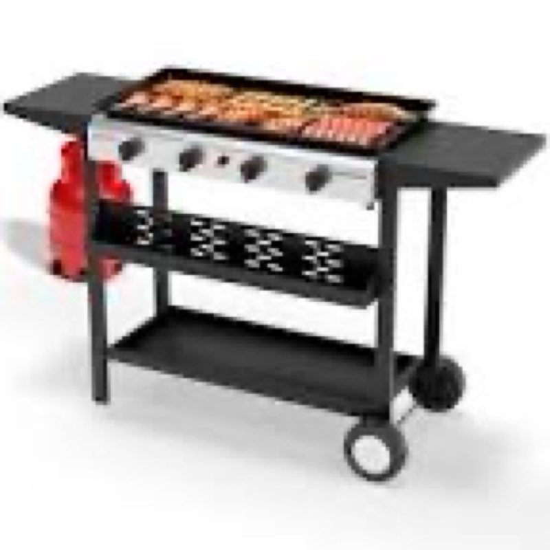 (incomplete) rovsun 4 burner portable propane griddle with nonstick enameled tray, 40000 btu rolling flat top gas grill with electronic ignition, side shelves & regulator for outdoor cooking camping bbq tailgating