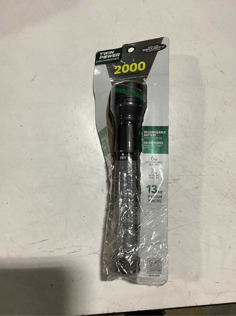 Condition photo showing As Is for police security twin power 2000-lumen 4 -adjustable mode led rechargeable flashlight
