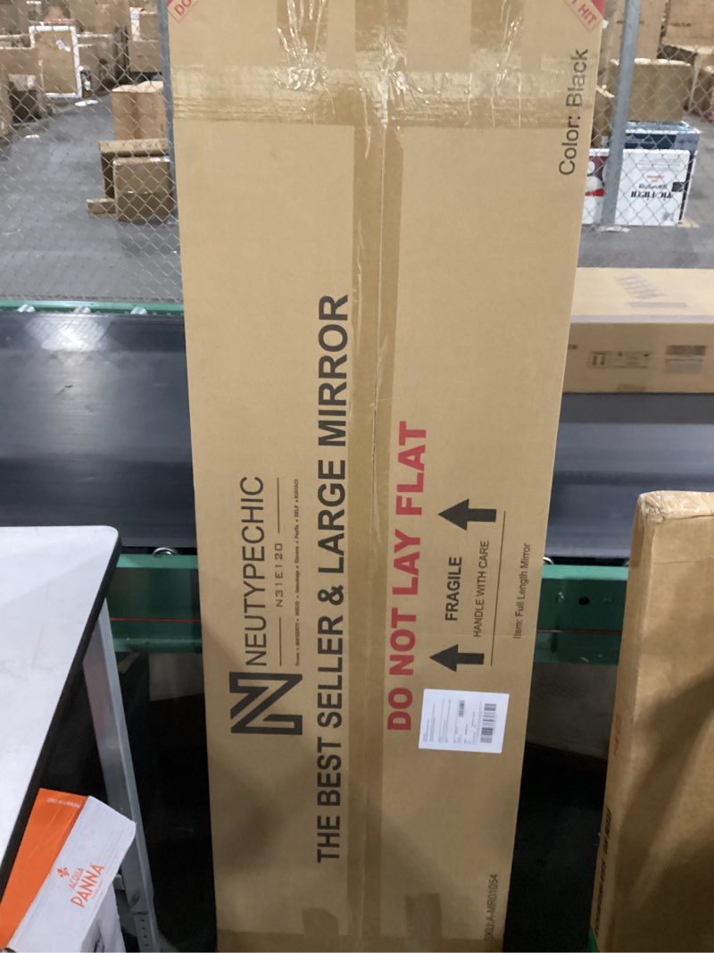 Condition photo showing New/Like New for NeuType 59"x 16" Full Length Mirror Aluminum Alloy Thin Frame Floor Mirror Wall Mirror Dressing Mirror Hanging or Leaning Against Wall, Bedroom Mirror Full Body Mirror Black with Stand Black 59"L x 16"W