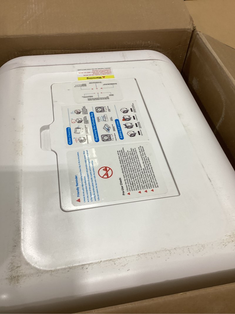 Condition photo showing As Is for self cleaning litter box, extra large automatic cat litter box self cleaning for multiple cats, app control, safety protection, ultra-quiet,includes trash bags,white