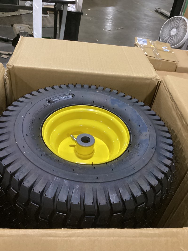 Condition photo showing As Is for ar-pro exact replacement 15" x 6.00-6" front tire and wheel assemblies compatible with john deere riding mowers 100 and d100 series - 3" centered hub and 3/4" bushings, 4ply pneumatic (set of 2) 15 x 6.00-6" pneumatic (centered hub) yellow