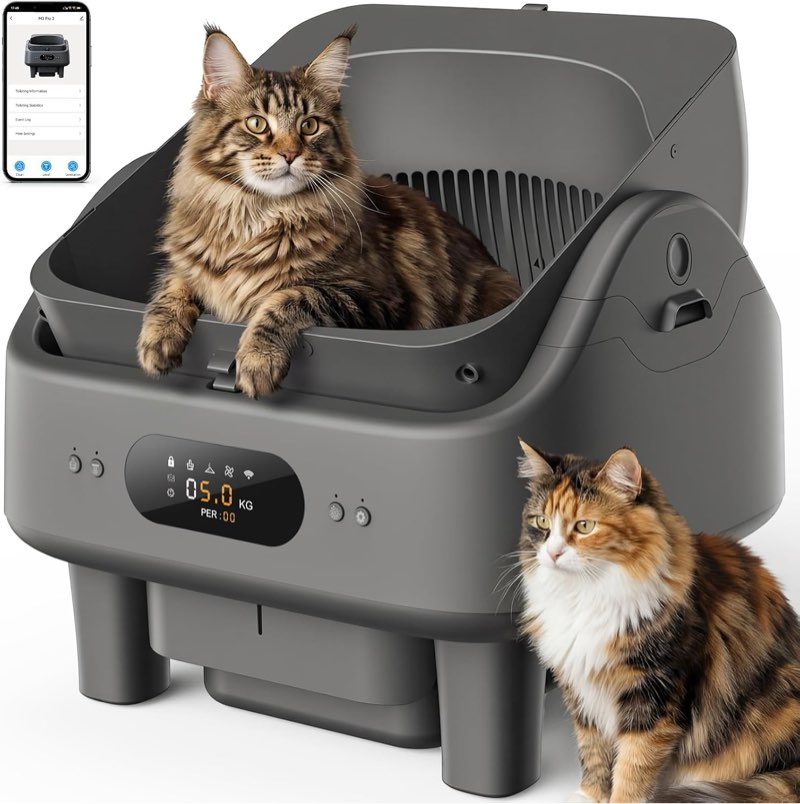 automatic litter box, cypcat smart self cleaning cat litter box anti-pinch, 10 safety sensors, large cat litter boxs for multiple cats, 5g & 2.4g wifi, 6\" led display, odor control robot, white