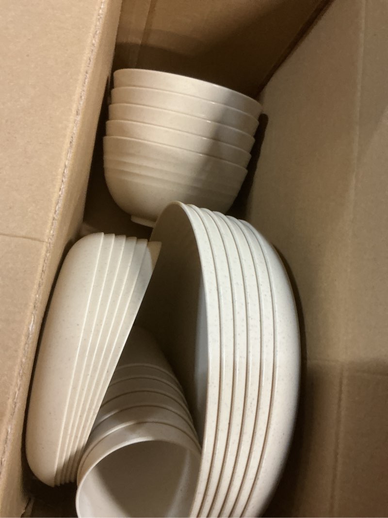Condition photo showing Good Condition for rubtlamp 24 pcs wheat straw dinnerware sets, unbreakable reusable plastic wheat straw bowls & plates dinner set, microwave and dishwasher safe plates, 12plates, 6bowls, 6cups for party(beige) beige white