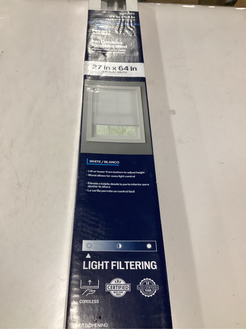 Condition photo showing As Is for Project Source Light Filtering 1-in Slat Width 29-in x 64-in Cordless White