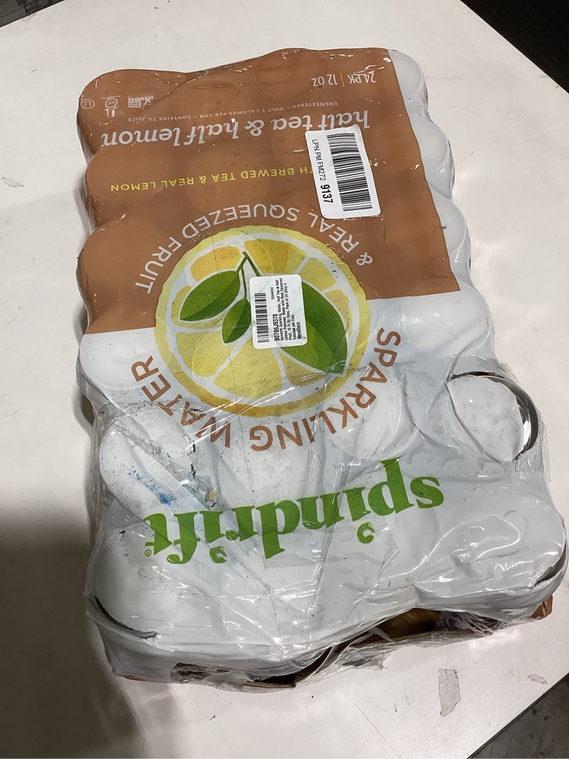 Condition photo showing New/Like New for spindrift sparkling water, half tea & half lemon flavored, made with real squeezed fruit, 12 fl oz cans, pack of 24 (only 5 calories per can) half tea & half lemon 12 fl oz (pack of 24)