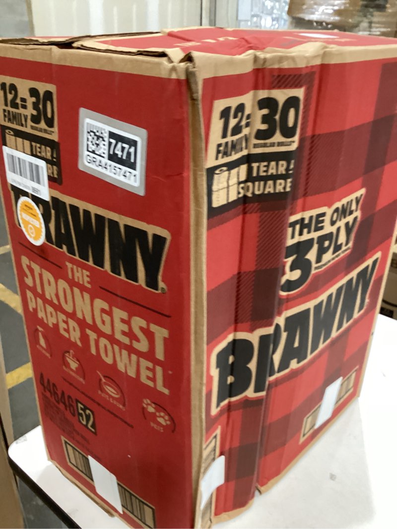 Condition photo showing New/Like New for brawny tear-a-square 3-ply paper towels, 12 xl family rolls = 30 regular rolls, strong, absorbent, and durable with 3 sheet sizes (quarter, half, full) family 12 xl family rolls