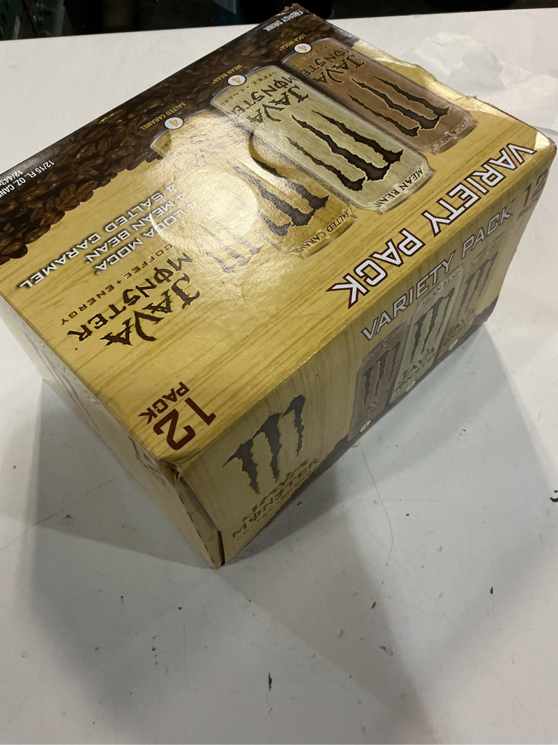 Condition photo showing New/Like New for (Unknown expiration date)Monster Energy Java Monster Variety Pack, Java Monster Mean Bean, Java Monster Loca Moca, Java Monster Salted Caramel, Coffee + Energy Drink, 15 Ounce (Pack of 12)
