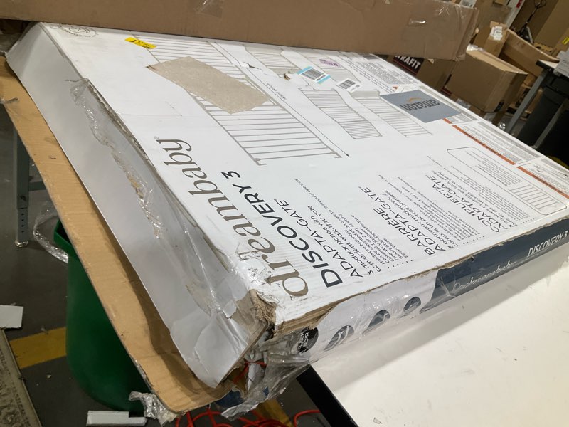 Condition photo showing As Is for Dreambaby Discovery Metal Baby Gate - 76.5" Extra Wide 3 Panel Walk Through Door for Angled Openings, Configurable for Stairs and Hallways, 29in High Discovery 3 Panel White 29-76.5 Inches