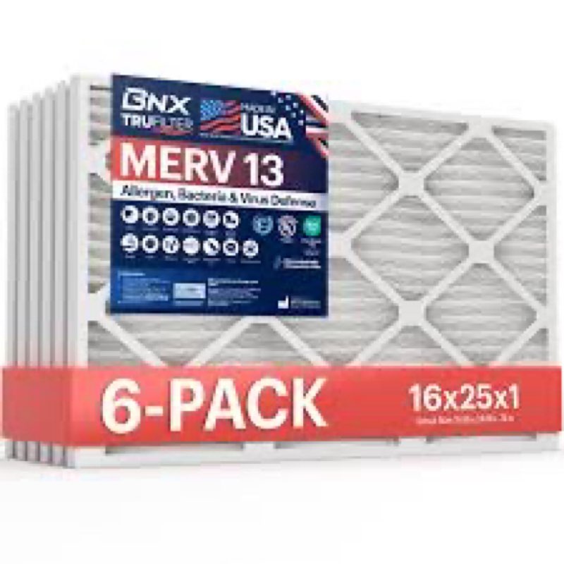 BNX TruFilter 16x25x1 Air Filter MERV 13 (6-Pack) - MADE IN USA - Electrostatic Pleated Air Conditio