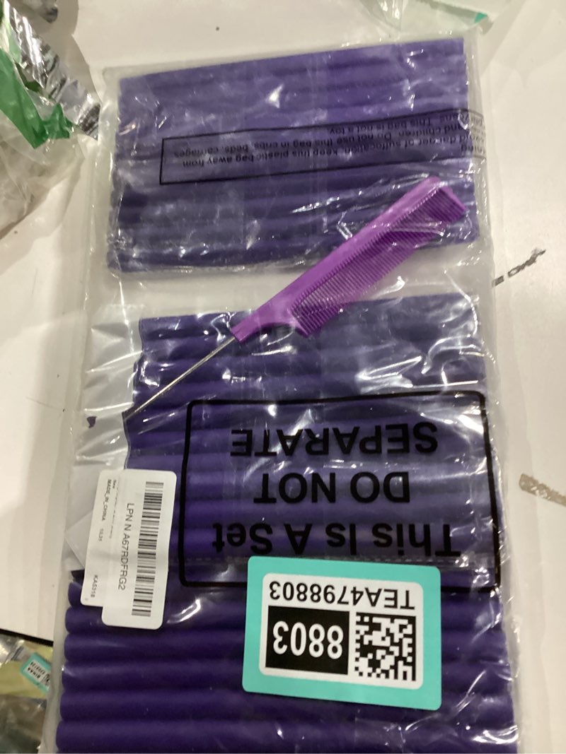 Condition photo showing As Is for Syhood 30 Pcs 7'' Flexible Curling Rods Twist Foam Hair Rollers Soft Foam No Heat Hair Rods Rollers and 1 Steel Pintail Comb Rat Tail Comb for Women Long Short Hair(Purple,7 x 0.47 Inch) 7 x 0.47 Inch Purple