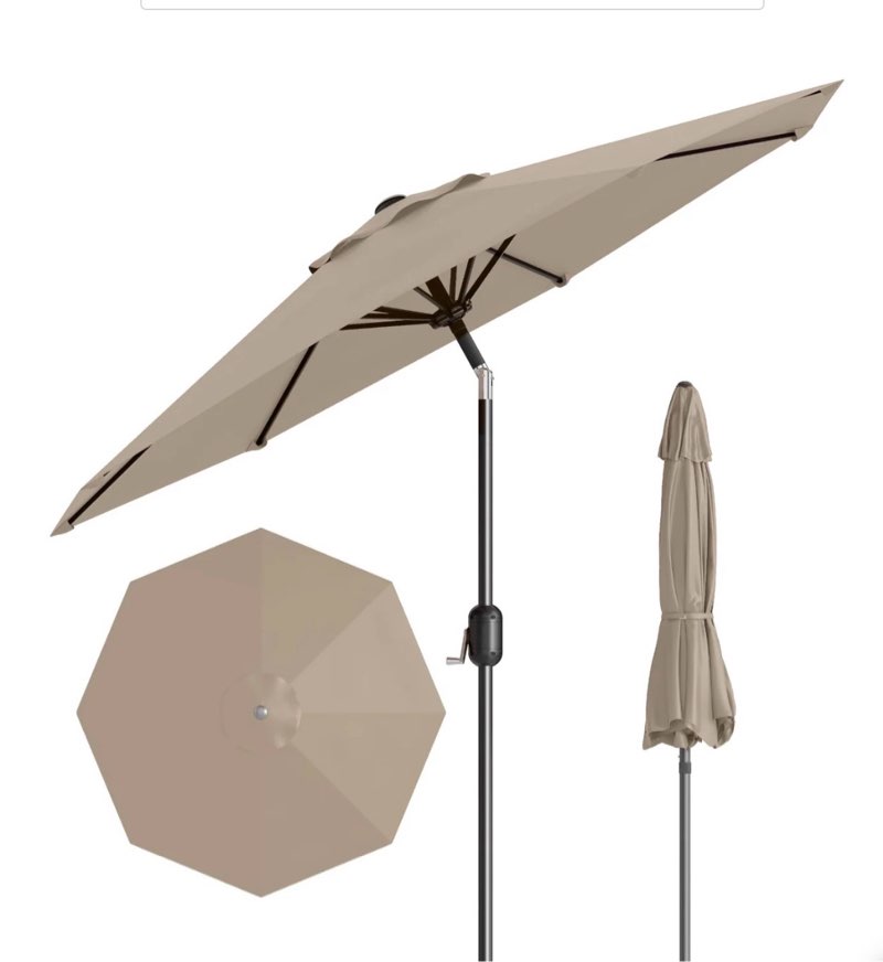 garvee 9 ft outdoor patio umbrella with 8 sturdy ribs, crank lift, push-button tilt & uv-resistant waterproof canopy for pool, deck, yard & garden, tan
