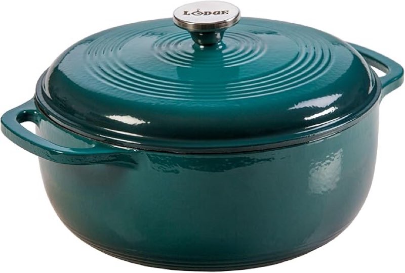 lodge essential enamel cast iron dutch oven - perfect for bread baking, braising, marinating & slow cooking - features moisture-sealing lid & dual handles - kitchen essentials - 6 quarts - lagoon
