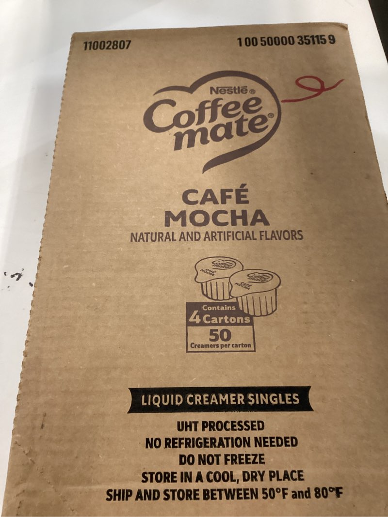 Condition photo showing New/Like New for nestle coffee mate coffee creamer, cafe mocha, liquid creamer singles, non dairy, no refrigeration, 0.375 fl oz tubs (pack of 200)