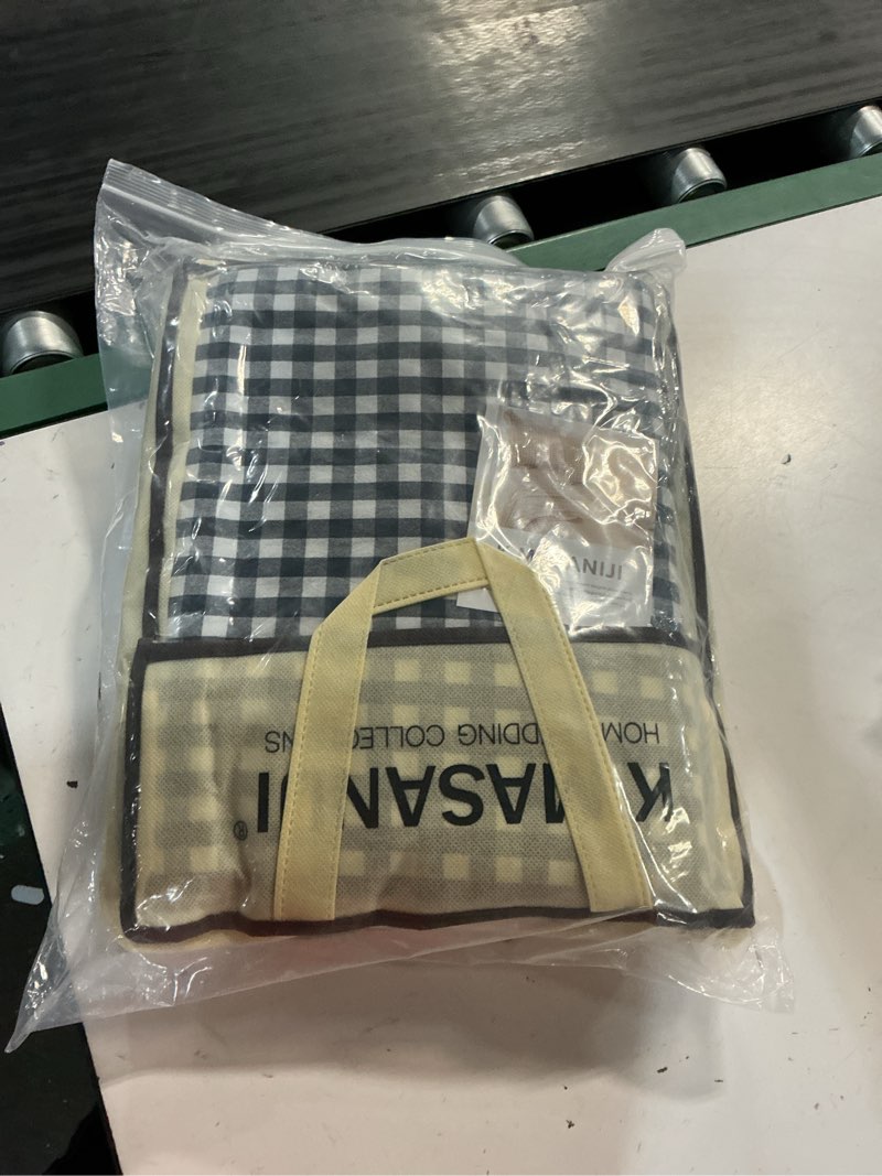 Condition photo showing New/Like New for black white gingham ruffle sheets twin size 4-piece set | 18" deep pocket, 100% washed cotton, farmhouse checkered decorative bedding set with pillow shams black/white plaid twin
