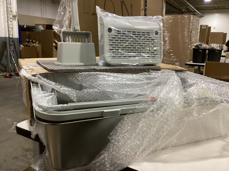 Condition photo showing As Is for XXXL Stainless Steel Litter Box with Lid,XXXL Enclosed Metal Cat Litter Box for Big Cats,Multiple Cats,with Litter Scoop & Foot Pedal,Odor Control,Easy Cleaning Grey