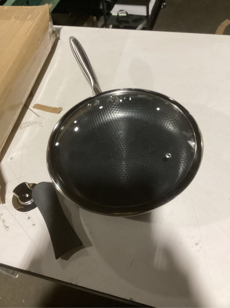 Condition photo showing As Is for MICHELANGELO 12 Inch Stainless Steel Frying Pan with Lid, Nonstick with Honeycomb Coating, Triply Skillet - Induction Compatible 12-Inch