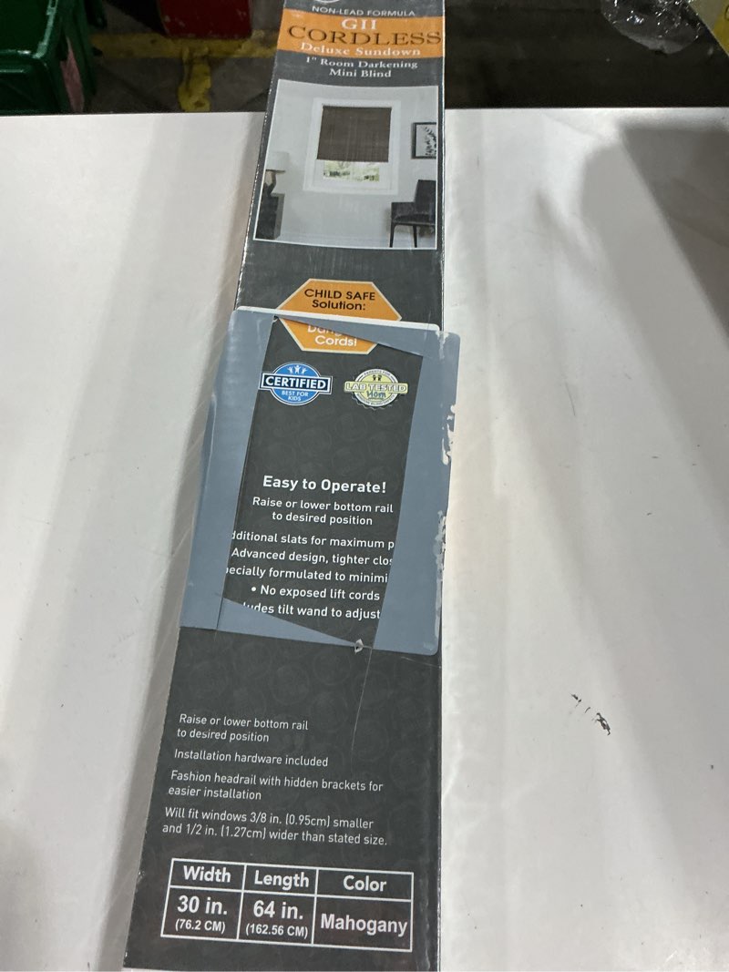 Condition photo showing New/Like New for achim 1  gii deluxe sundown indoor cordless mahogany vinyl room darkening window mini blind  30  w x 64  l