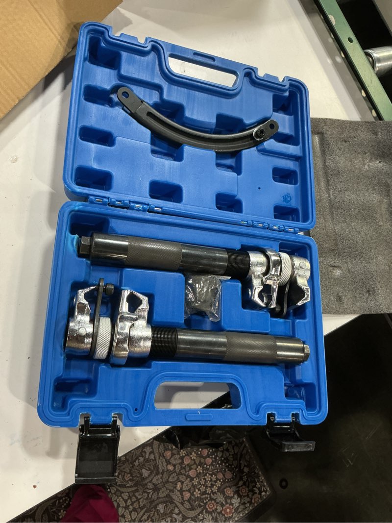 Condition photo showing New/Like New for coil spring compressor tool automotive heavy duty macpherson strut spring compression set with extendable safety bracket for car atvs trucks, max load.2700lb