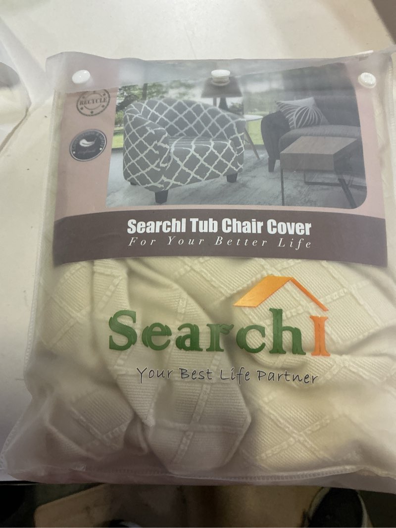 Condition photo showing Good Condition for searchi club chair slipcover stretch barrel chair covers jacquard tub chair slipcover spandex armchair sofa cover removable couch furniture protector arm chair cover for living room(beige rhombus)