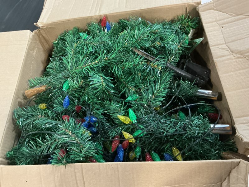Condition photo showing As Is for upgraded set of 2 solar christmas tree, outdoor christmas decorations,prelit xmas tree w/ 100 led multi-color c6 string lights for outsdie holiday display yard front porch pathway grave cemetery decor