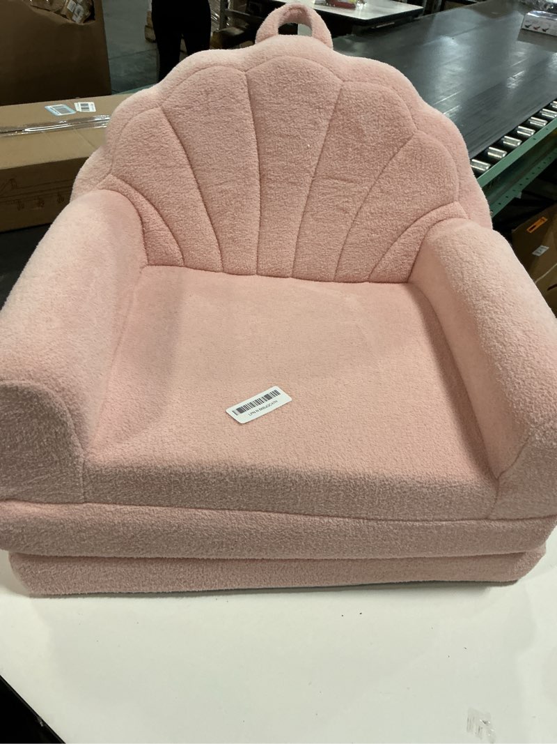 Condition photo showing As Is for blissful diary kids couch, 2-in-1 soft toddler couch fold out, toddler chair comfy, convertible sofa to lounger, kids furniture for playroom, gift for birthday, children's day, pink shell shell rosado
