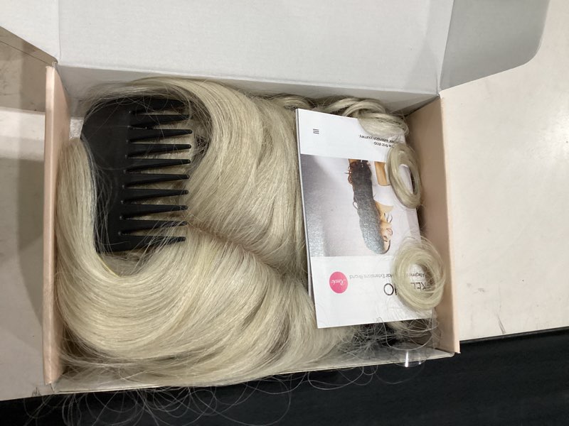 Condition photo showing New/Like New for reecho messy bun hair piece with bangs - 2-in-1 hair bun hairpieces curly updo wig & hair topper with long side bangs natural-looking drawstring ponytail extension for women - platinum blonde