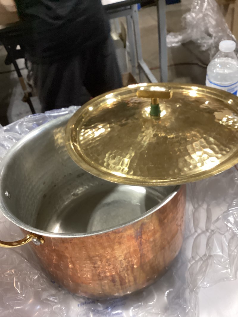 Condition photo showing As Is for p-tal copper stock pot 8qt with brass lid | 100% pure copper, golden hammered finish | 8qt 7 liters