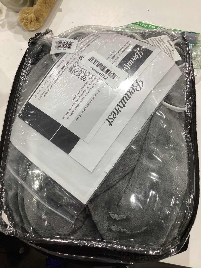 Condition photo showing As Is for beautyrest heated electric blanket for cold weather, fast heating heated blanket, auto shut off, virtually zero emf, multi heat setting, ul certified, grey throw (60 inx70 in), 60x70 throw (60 in x 70 in) grey