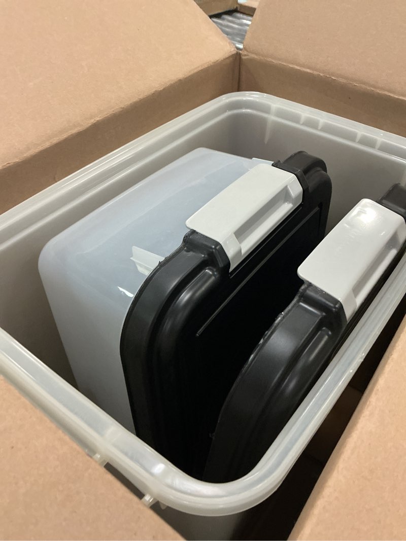 Condition photo showing Good Condition for IRIS USA 3-Piece 41 Lbs / 45 Qt WeatherPro Airtight Pet Food Storage Container Combo with Scoop and Treat Box for Dog Cat and Bird Food, Keep Fresh, Translucent Body, Easy Mobility, Black