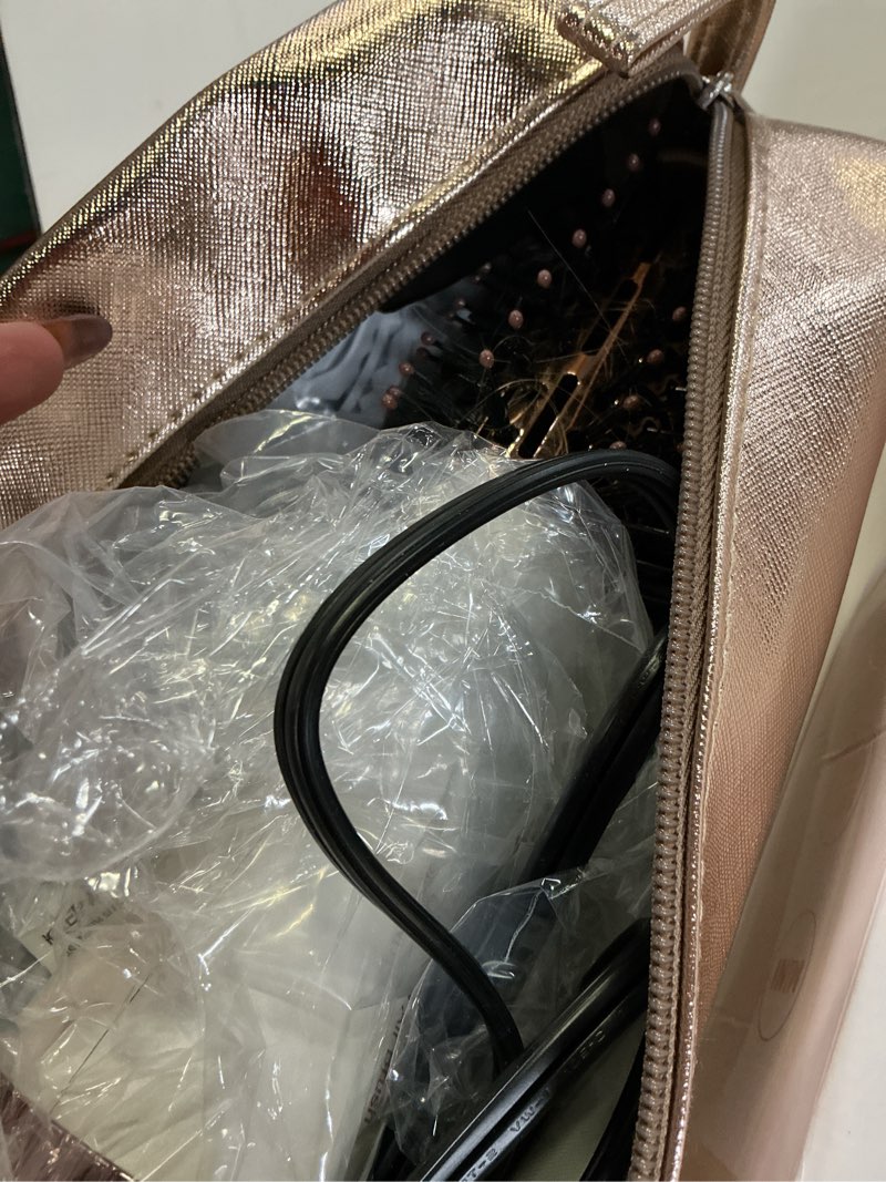 Condition photo showing As Is for travel blow dryer brush in one, dual voltage 120v-240v mini hot air brush, hair trends nano titanium 2 inch one step hair dryer and styler volumizer oval shape 50 mm white & rose gold