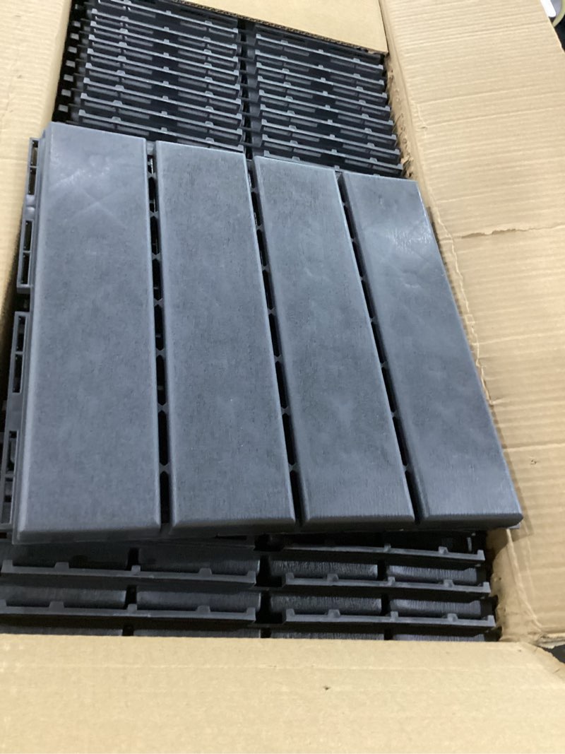 Condition photo showing New/Like New for 36 sq. ft plastic interlocking deck tiles, 36 pack,12"x12" waterproof outdoor flooring all weather use, patio floor decking tiles for porch poolside balcony backyard, dark grey 36 grey