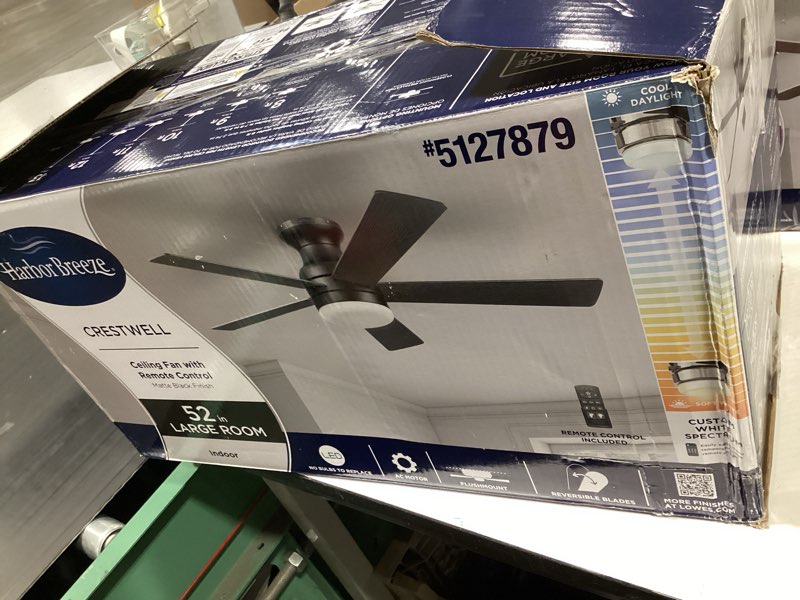 Condition photo showing As Is for harbor breeze crestwell 52-in matte black with led flush mount ceiling fan with light