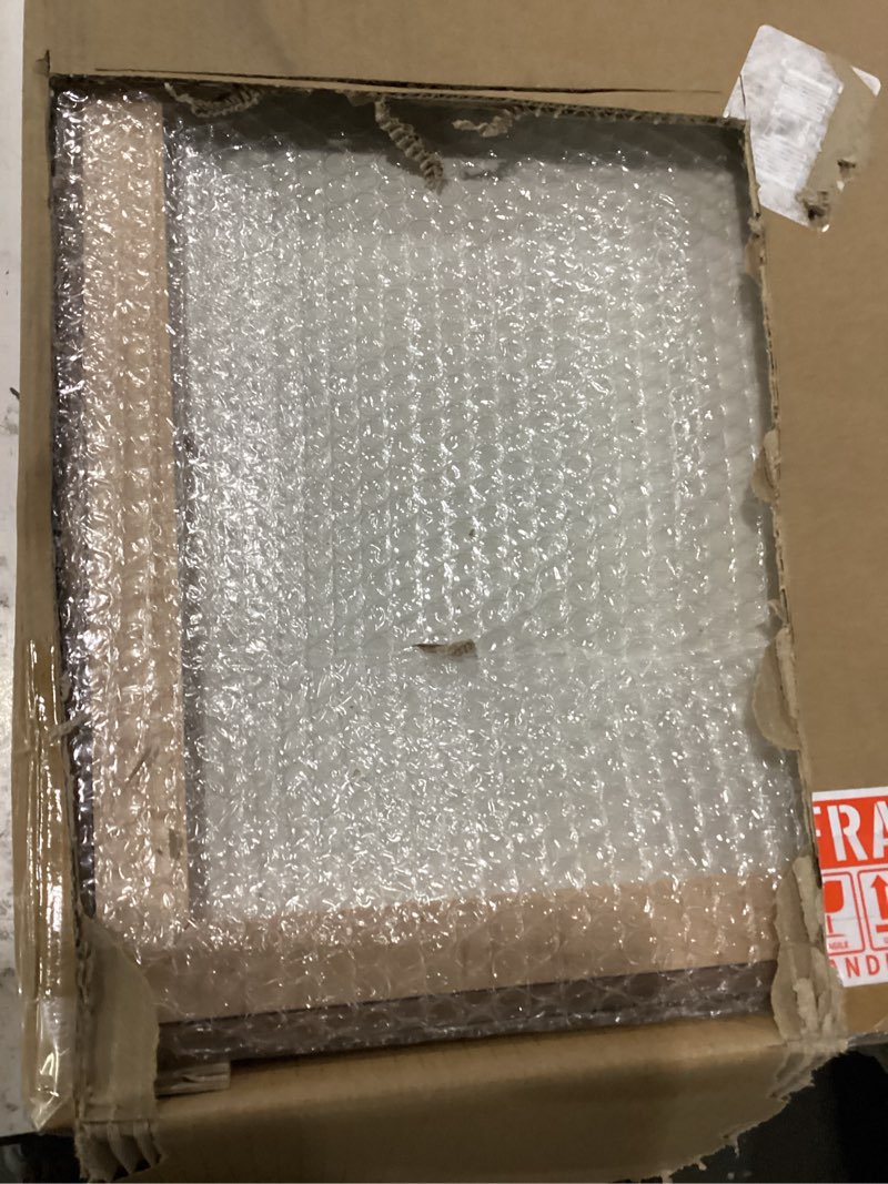 Condition photo showing New/Like New for recuerdos 18x18 walnut picture frame matted to 16x16 with hd plexiglass | rounded corner 18x18 solid wood frame, mortise-tenon joint, includes hanging hooks, wall display for photos & posters