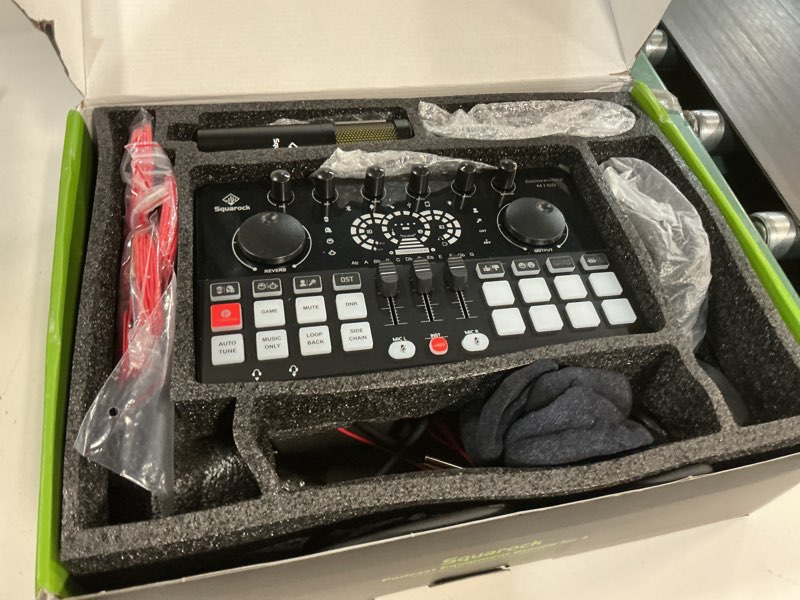 Condition photo showing As Is for podcast equipment bundle for 4, audio interface with 4 dynamic microphone, 4 desktop mic stands, voice change, dj mixer for vocal recording podcasting,streaming,singing tiktok, commander m100 3rd hs-m100-4d
