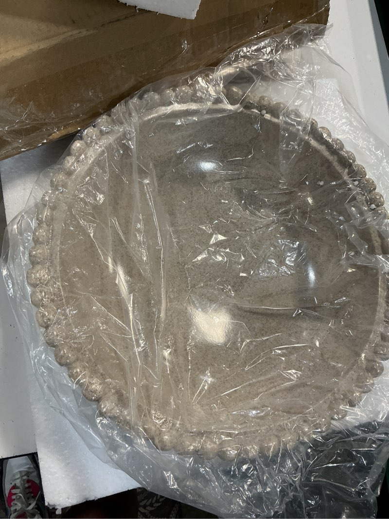 Condition photo showing New/Like New for large resin decorative bowl 12 inch, fruit bowl sandstone ruffle key bowl for coffee table shallow centerpiece bowl catch all bowl for kitchen counter, entryway, living room 12 inch beige