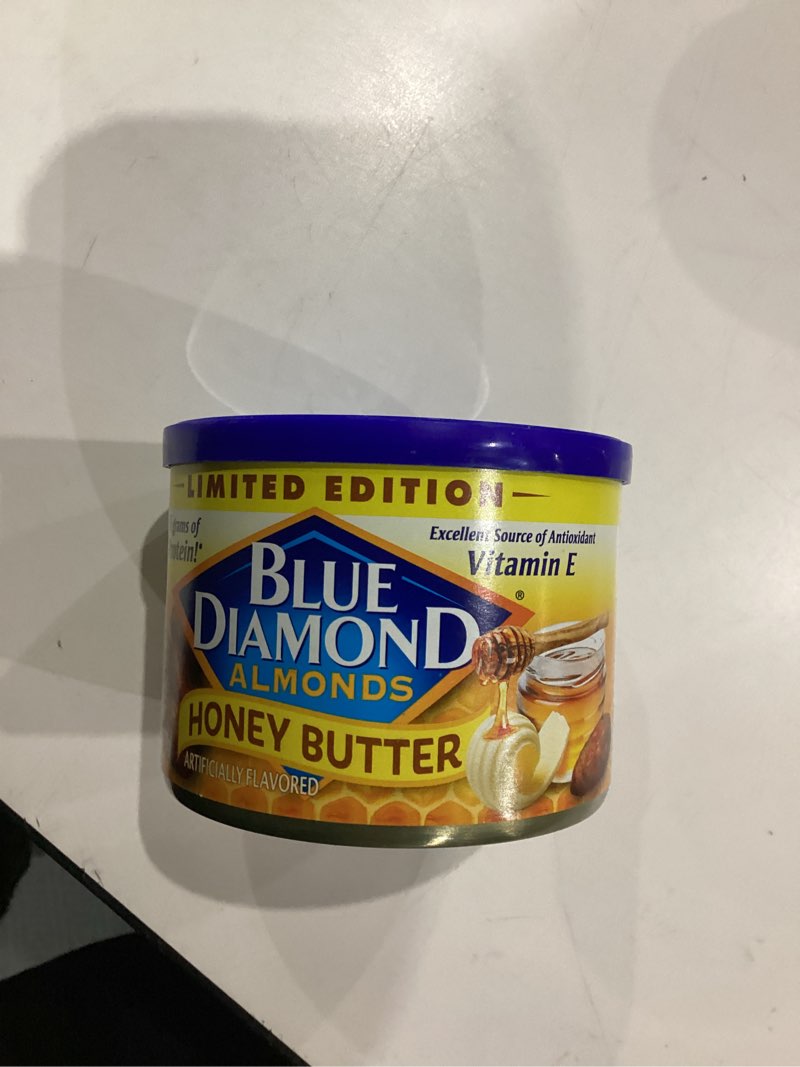 Condition photo showing New/Like New for (Best by jun 23 2026)Blue Diamond Almonds, Snack Nut Flavored Honey Butter perfect for on-the-go and snacking, 6 Ounce Can (Pack of 2) Honey Butter Pack of 2