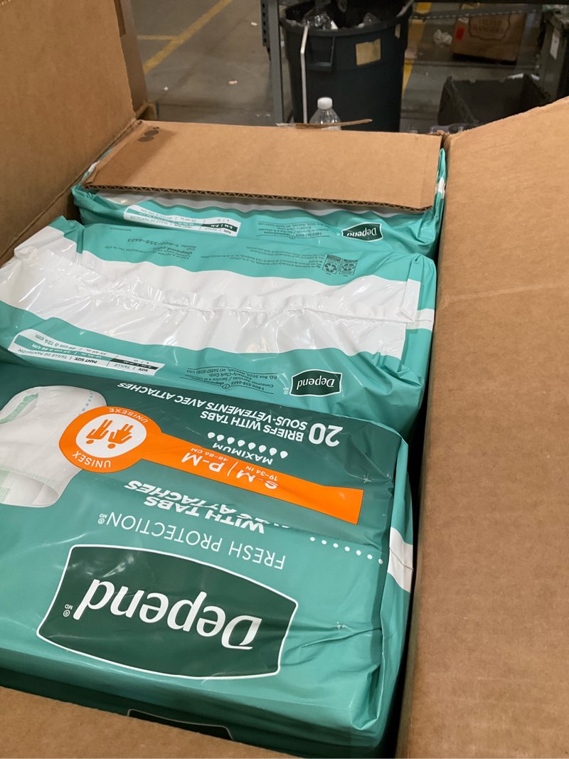Condition photo showing Good Condition for depend adult diapers with tabs, incontinence protection with tabs, unisex, small/medium (19–34" waist, up to 170 lbs), maximum absorbency, 60 count (3 packs of 20)