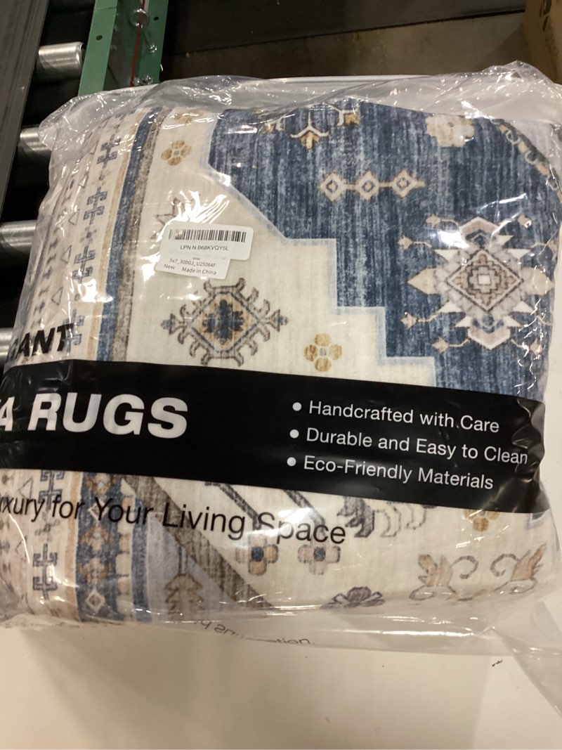Condition photo showing New/Like New for 5x7 washable area rug, large rugs for living room stain resistant non slip backing soft low pile vintage carpet for bedroom dining room kid & pet friendly home decor - vintage blue vintage blue 5' x 7' (rectangular)