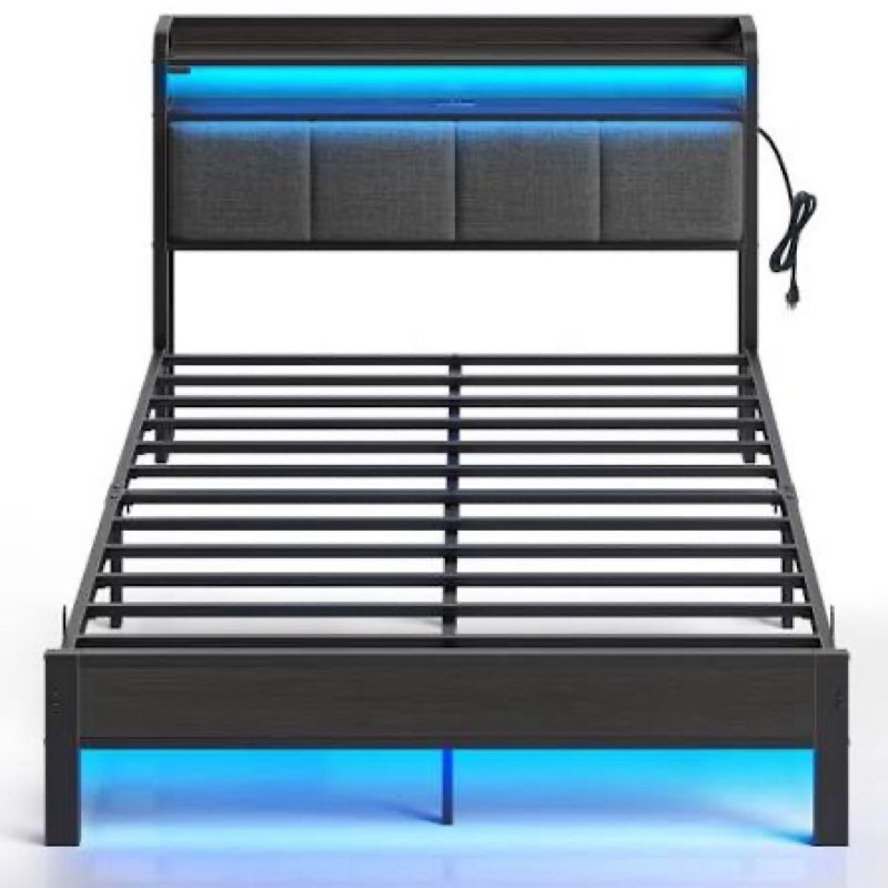 rolanstar bed frame with charging station and led lights, upholstered headboard with storage shelves, dark grey