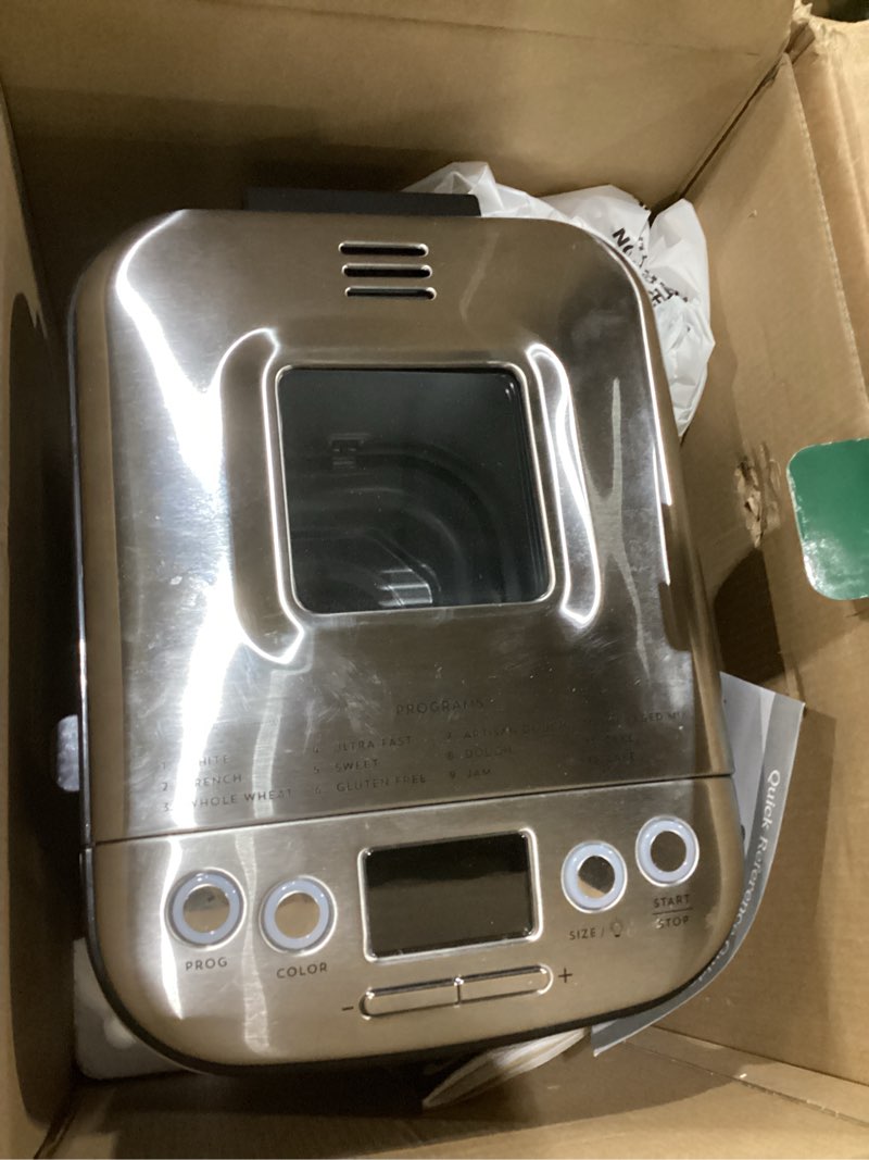 Condition photo showing Good Condition for Not tested!!! Cuisinart Bread Maker Machine, Stainless Steel Automatic Bread Machine with 12 Menu Options, 3 Loaf Sizes up to 2 Lb., 3 Crust Colors, Removable Nonstick Baking Pan & Kneading Paddle, CBK-110NAS Compact Machine